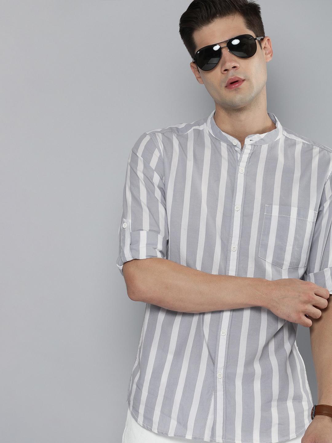 

HERE&NOW Men Grey & White Striped Pure Cotton Casual Shirt