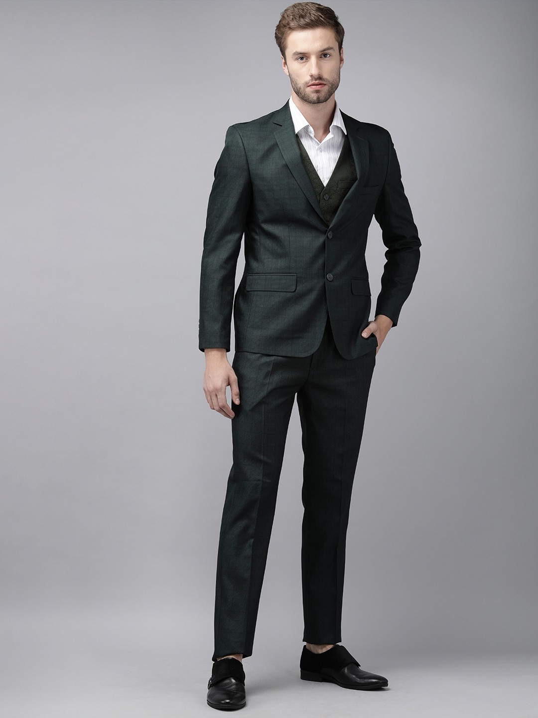 

Arrow Men Dark Green Self Design Tailored Fit 3-Piece Formal Suit
