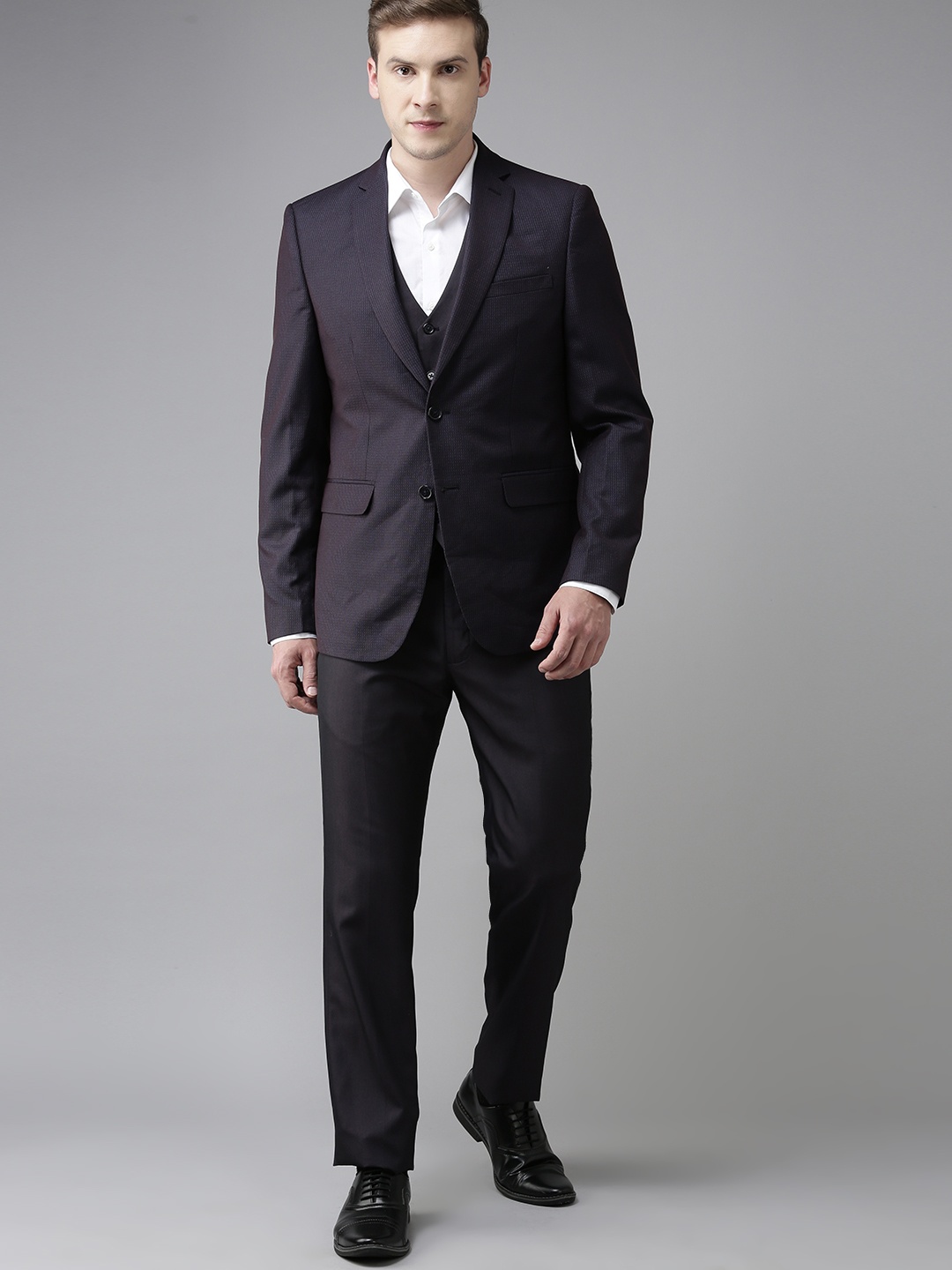 

Arrow Men Purple Tailored Fit Self Design Single Breasted Formal Suit