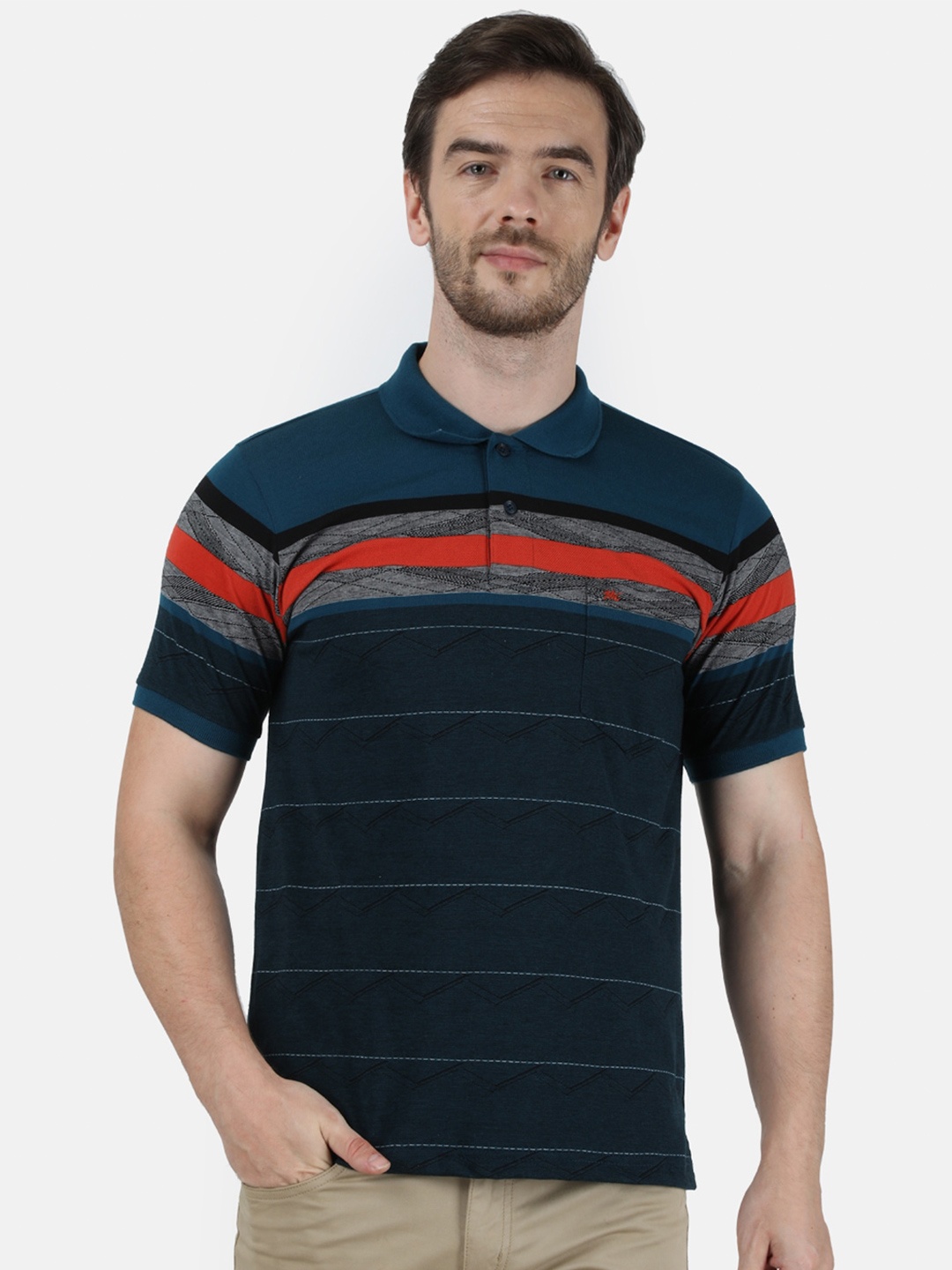 

Monte Carlo Men Navy Blue Striped Polo Collar T-shirt