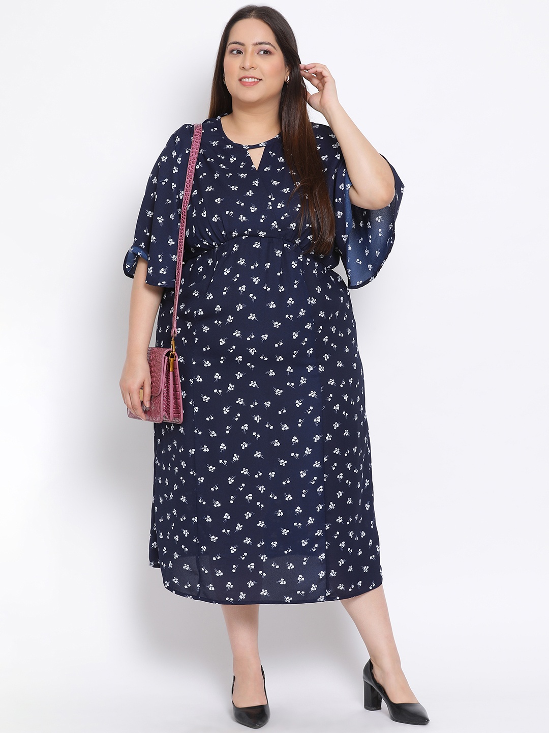 

Oxolloxo Plus Size Women Navy Blue & White Printed A-Line Dress
