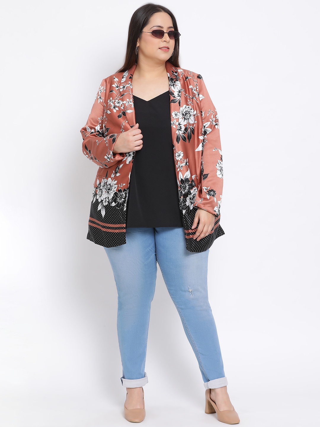 

Oxolloxo Women Brown & Black Printed Open-Front Plus Size Blazer