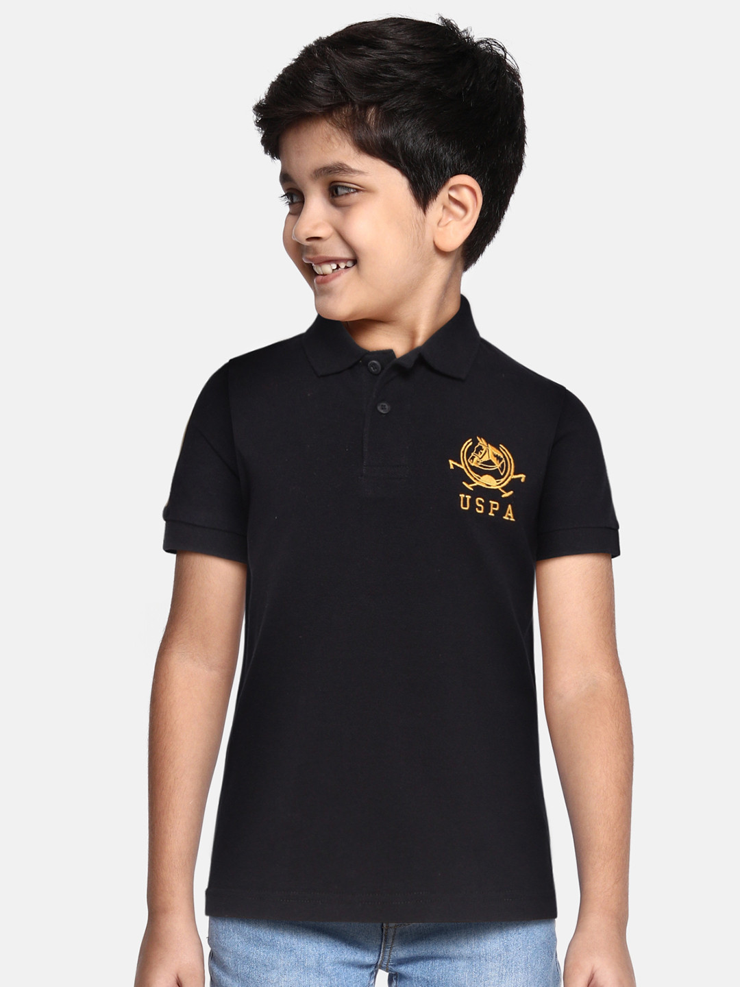

U.S. Polo Assn. Kids Boys Black Brand Logo Embroidered Polo Collar Pure Cotton T-shirt