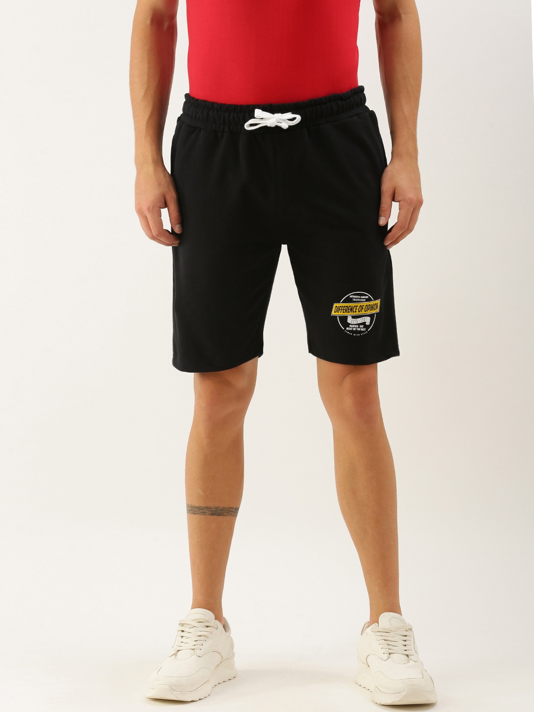 

Difference of Opinion Men Black Brand Logo Printed Mid-Rise Regular Shorts