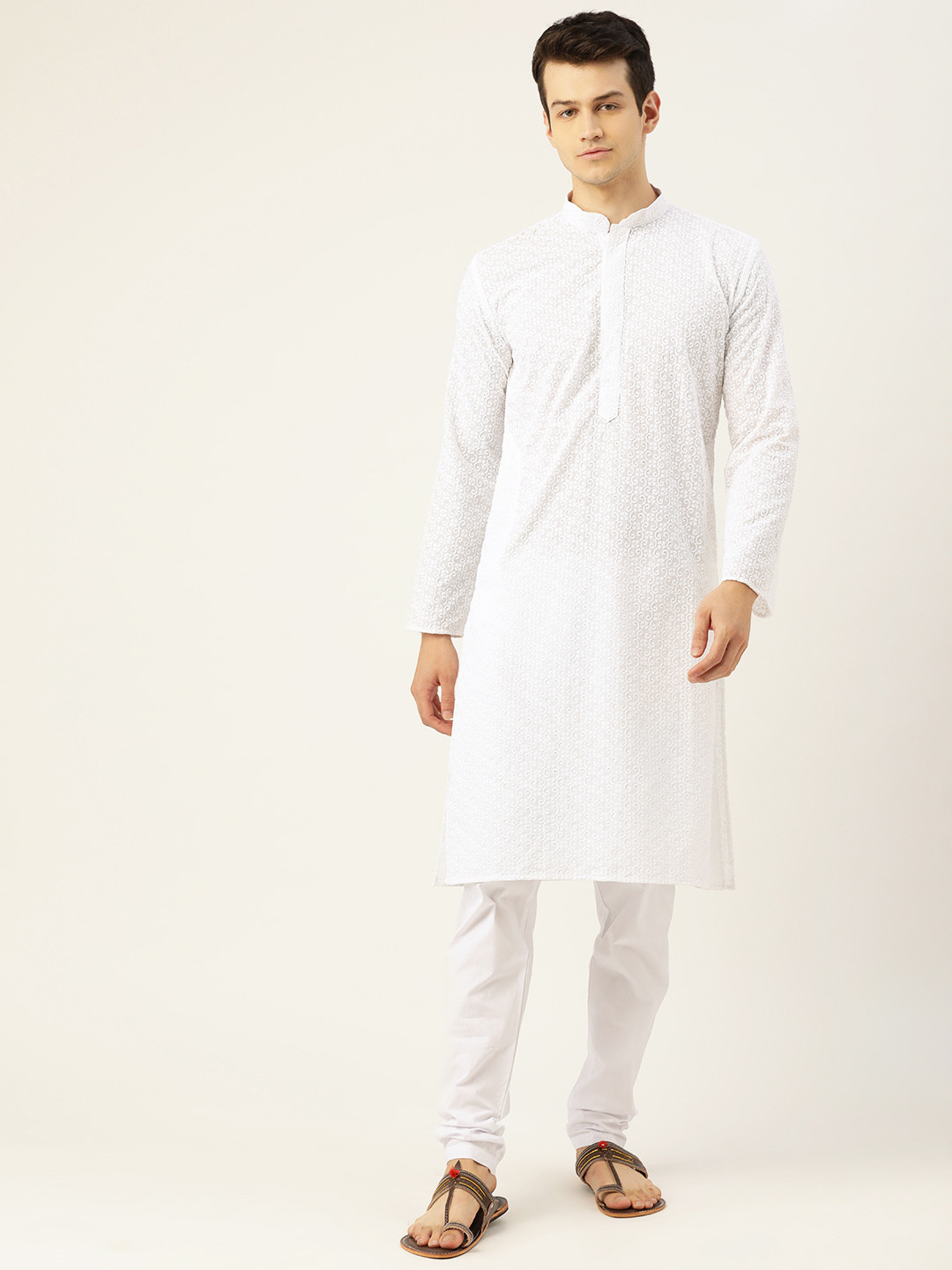 

RAJUBHAI HARGOVINDAS Men White Ethnic Motifs Embroidered Chikankari Pure Cotton Kurta with Churidar