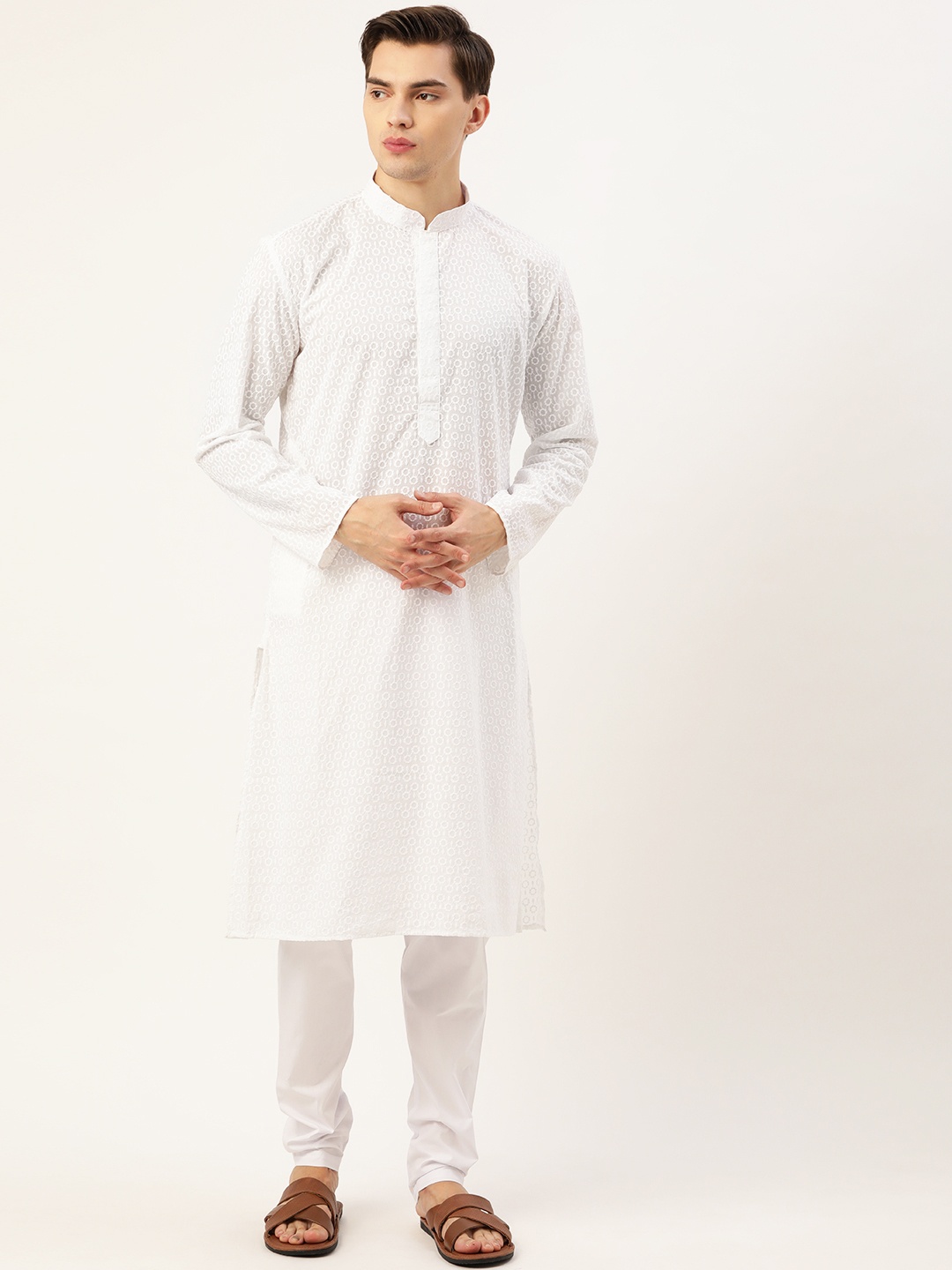 

Rajubhai Hargovindas White Cotton Chikankari Embroidered Kurta With Churidar