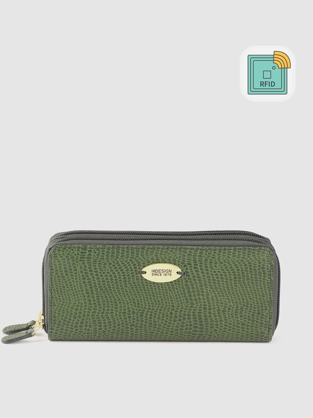 

Hidesign Women Green Reptile Textured Leather Handcrafted Zip Around Wallet with RFID