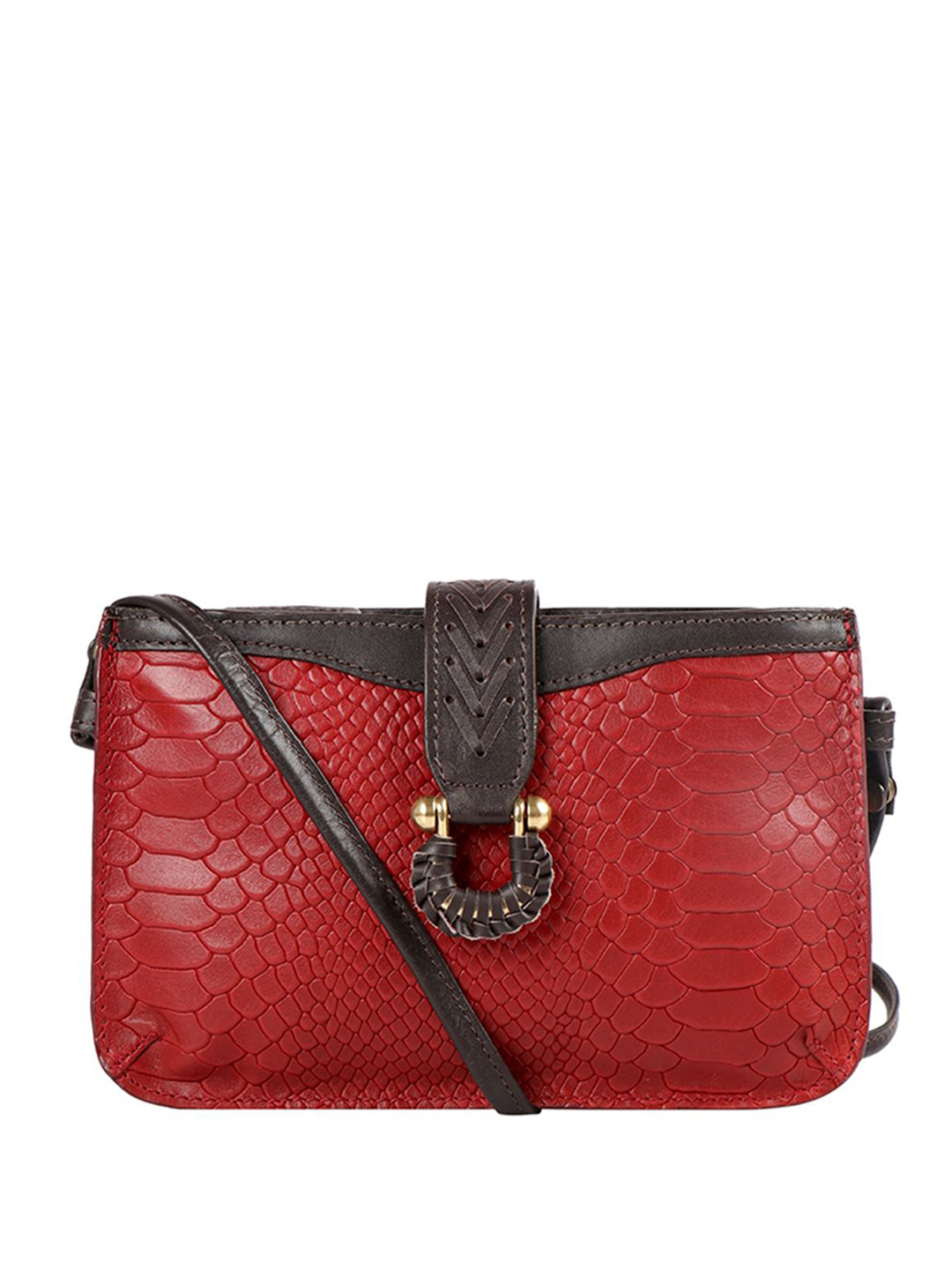 

Hidesign Red & Coffee Brown Croc-Textured Leather Sling Bag