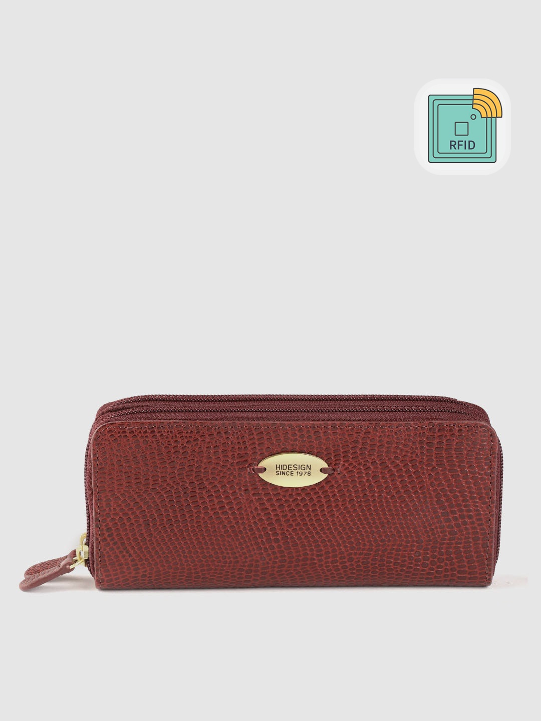 

Hidesign Women Maroon Reptile Textured Leather Handcrafted Zip Around Wallet with RFID