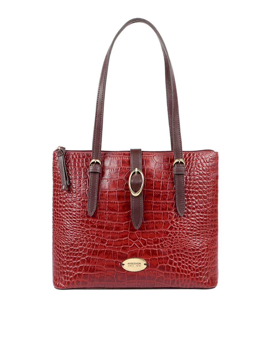 

Hidesign Burgundy Handcrafted Croc Textured Leather Structured Shoulder Bag