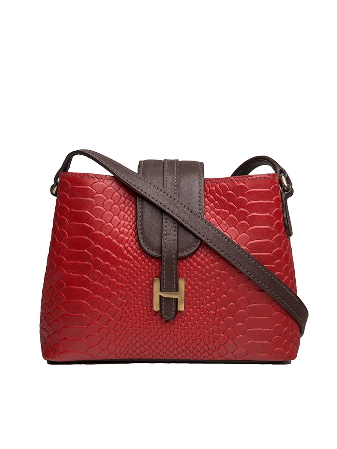 

Hidesign Red & Coffee Brown Handcrafted Croc Textured Leather Structured Sling Bag