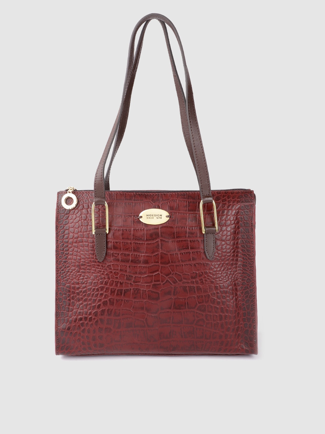 

Hidesign Burgundy Handcrafted Croc Textured Leather Structured Shoulder Bag