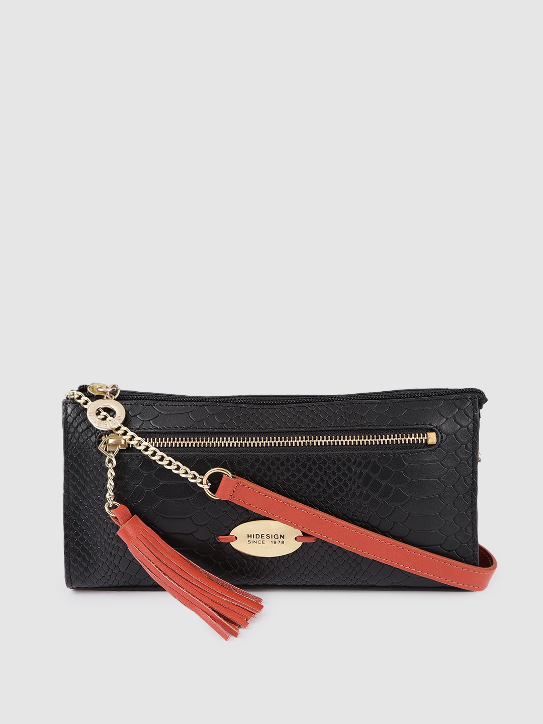 

Hidesign Black Animal Textured Leather Structured Sling Bag with Tasselled Detail