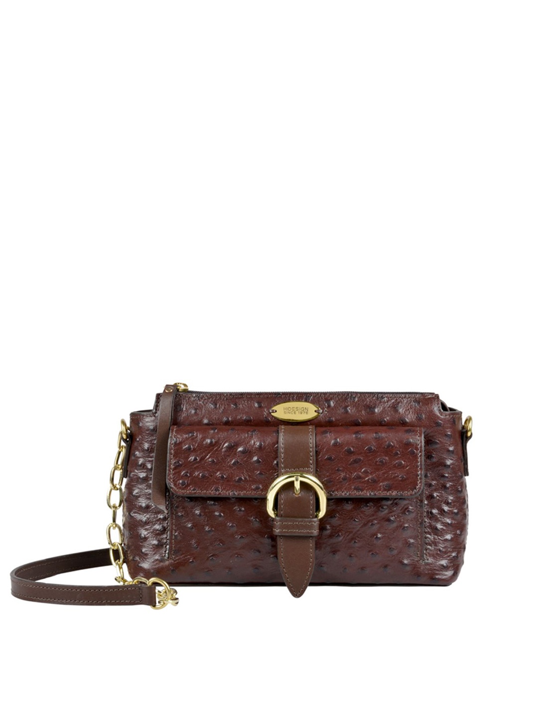 

Hidesign Coffee Brown Handcrafted Ostrich Embossed Leather Structured Sling Bag