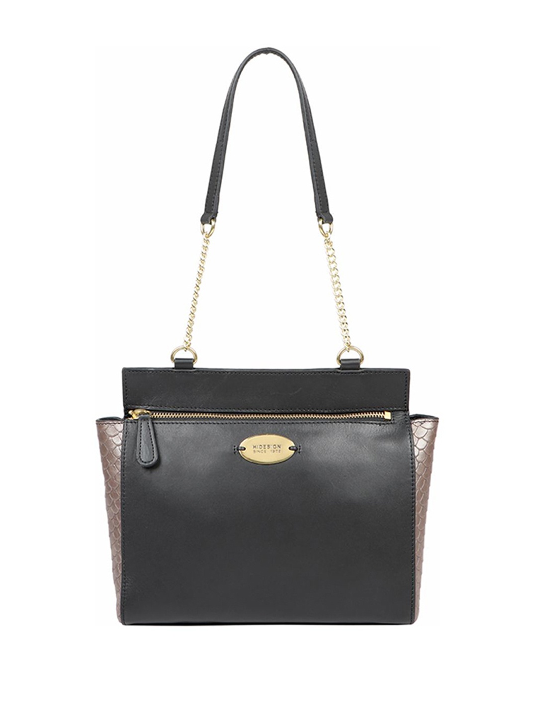 

Hidesign Black & Gun Metal-Toned Croc-Textured Detail Leather Sling Bag