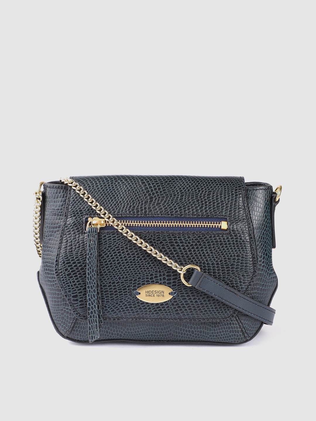 

Hidesign Navy Blue Handcrafted Animal Textured Leather Structured Sling Bag