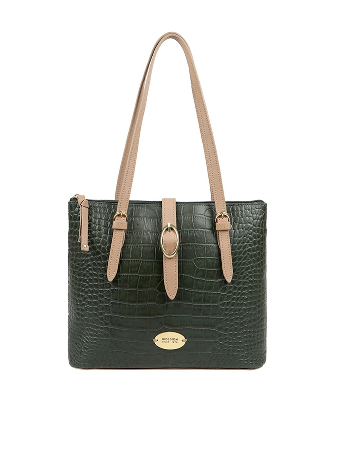 

Hidesign Green Handcrafted Croc Textured Leather Structured Shoulder Bag