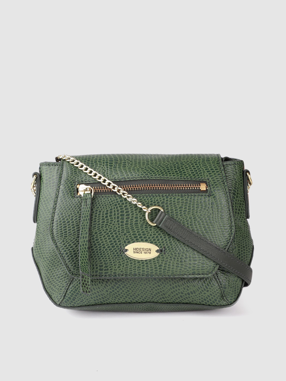 

Hidesign Women Green Snakeskin-Textured Leather Sling Bag