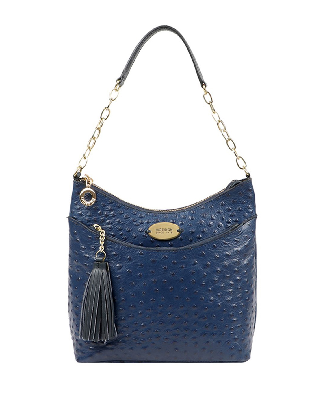 

Hidesign Blue Textured Leather Structured Hobo Bag with Tasselled Detail