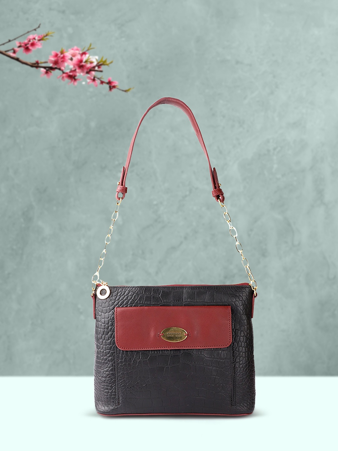 

Hidesign Black & Burgundy Croc Textured Leather Handcrafted Structured Shoulder Bag