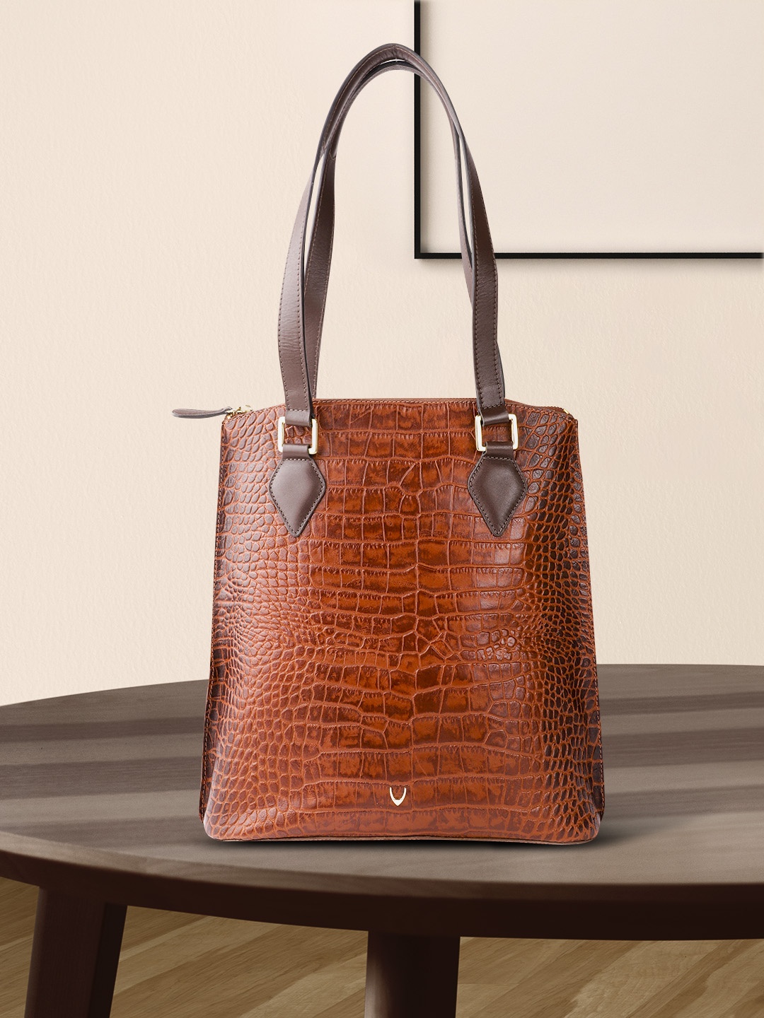 

Hidesign Brown Croc Textured Leather Handcrafted Structured Shoulder Bag