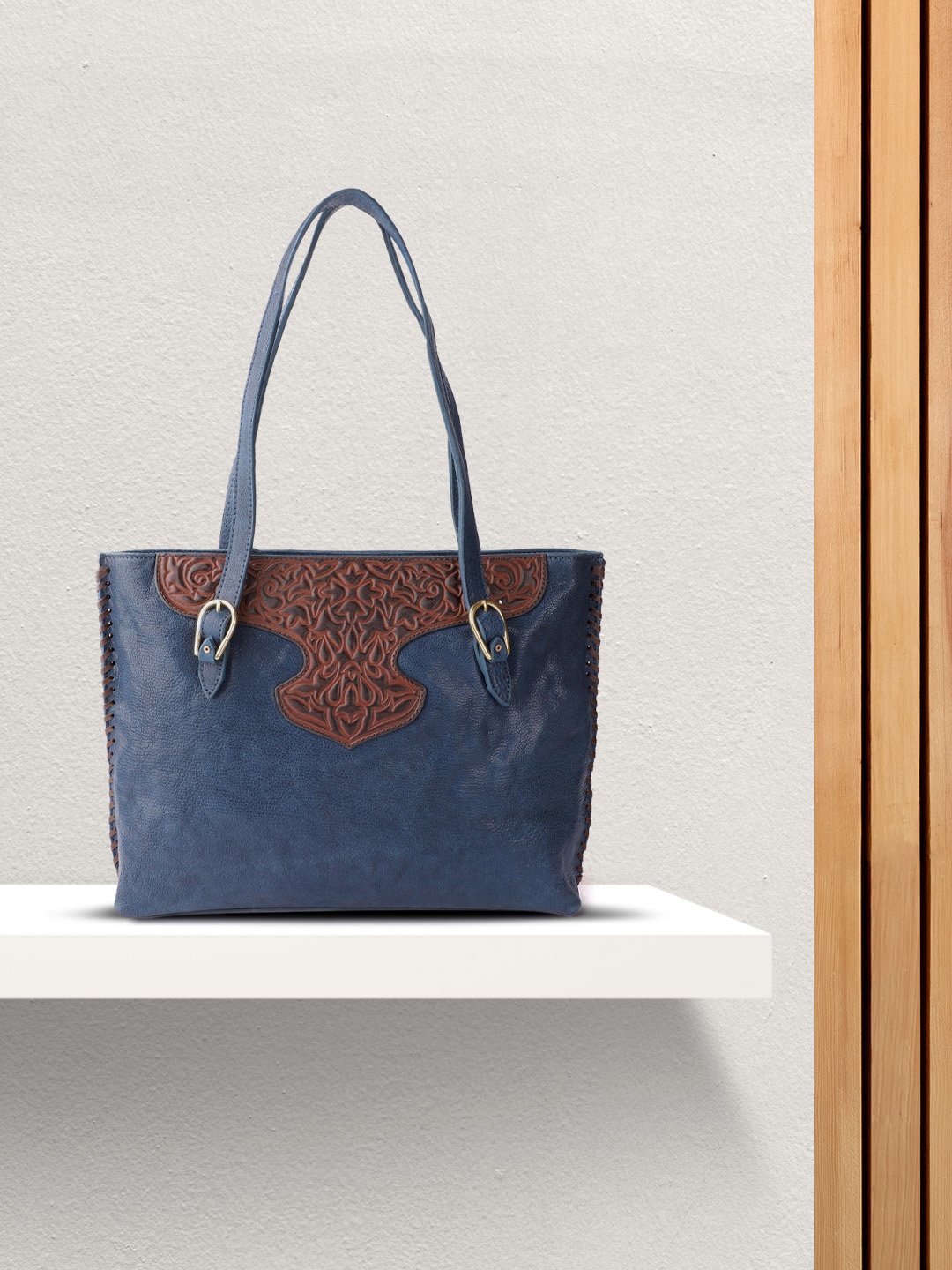 

Hidesign Navy Blue Ethnic Embossed Patterned Leather Handcrafted Shoulder Bag