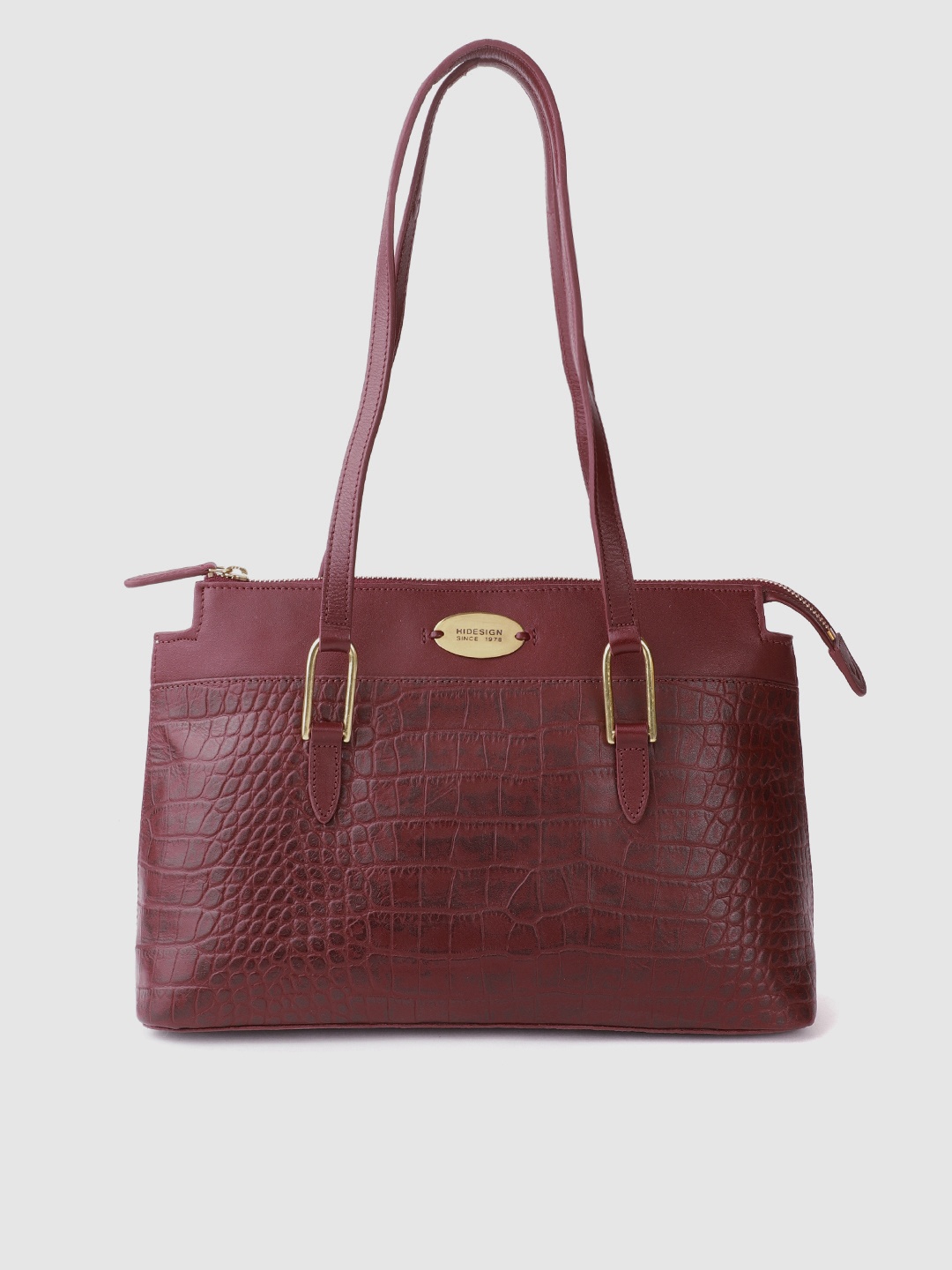 

Hidesign Burgundy Croc Textured Leather Handcrafted Structured Shoulder Bag