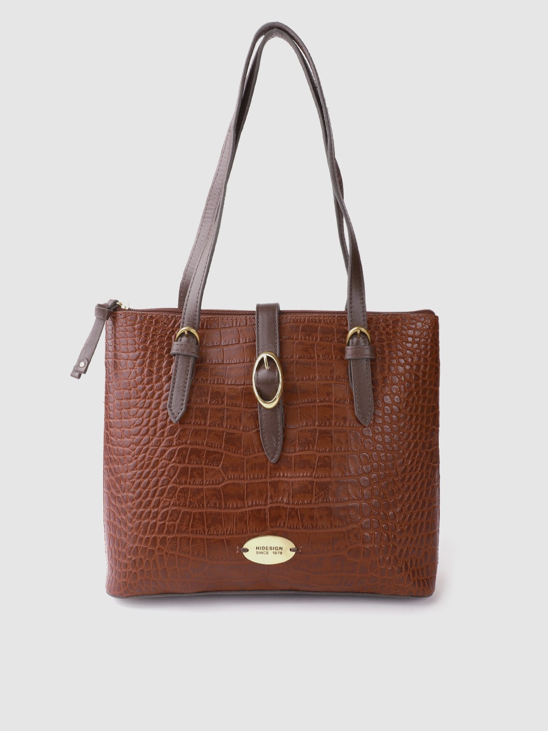 

Hidesign Brown Croc Textured Leather Handcrafted Structured Shoulder Bag