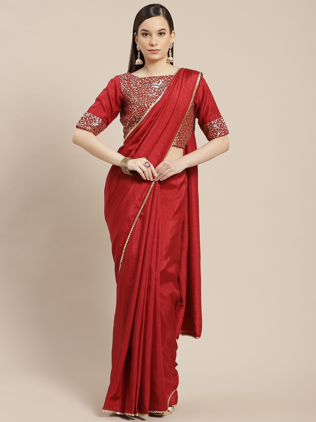 

Inddus Maroon Sequinned Silk Blend Saree