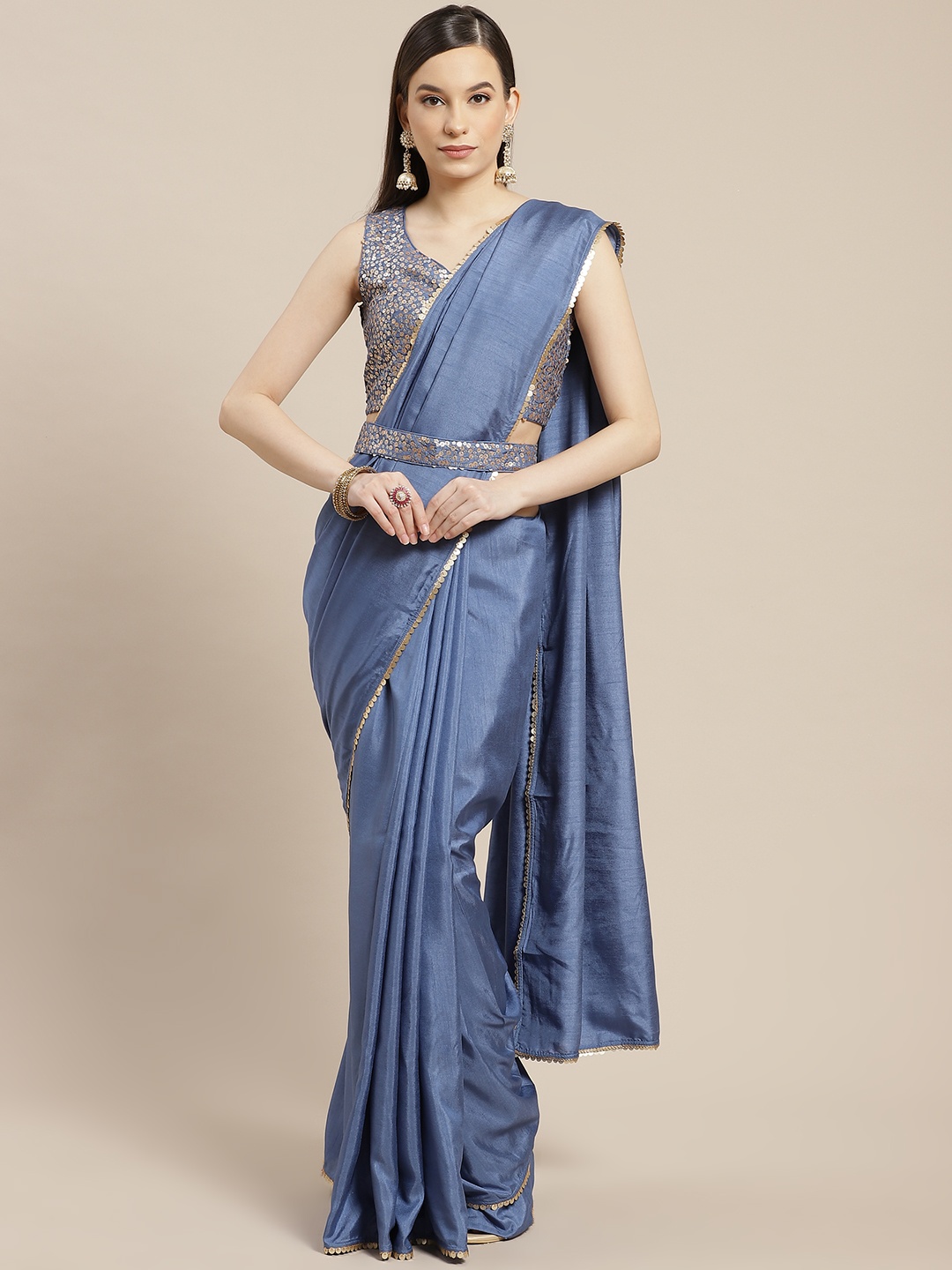 

Inddus Blue Sequinned Belted Saree