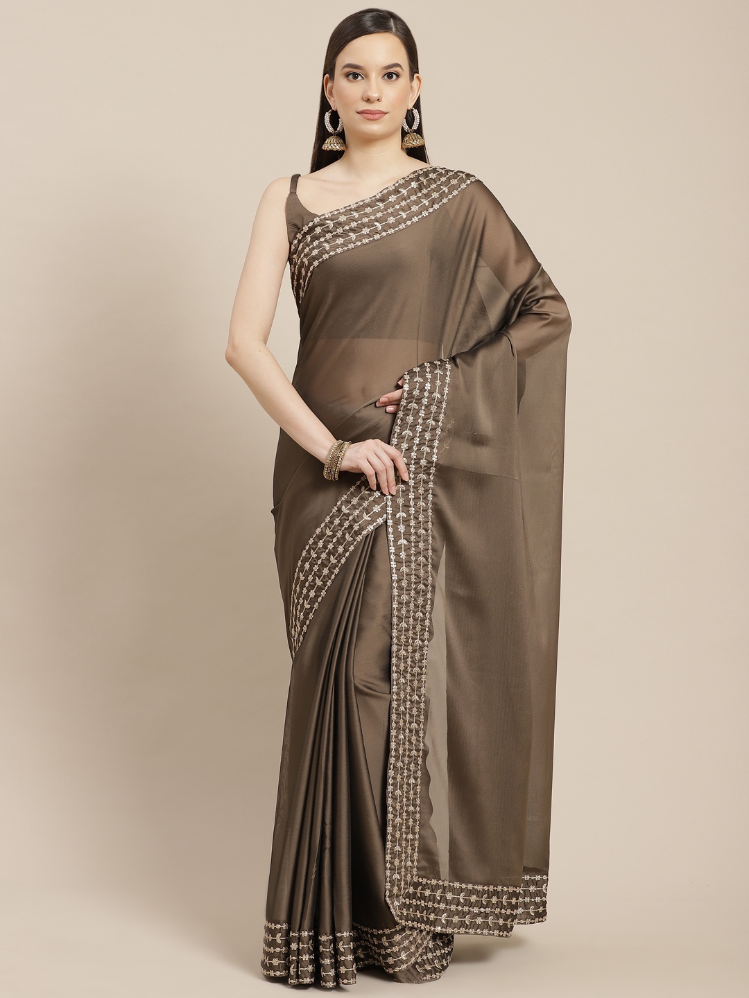 

Inddus Olive Brown Sequinned Saree