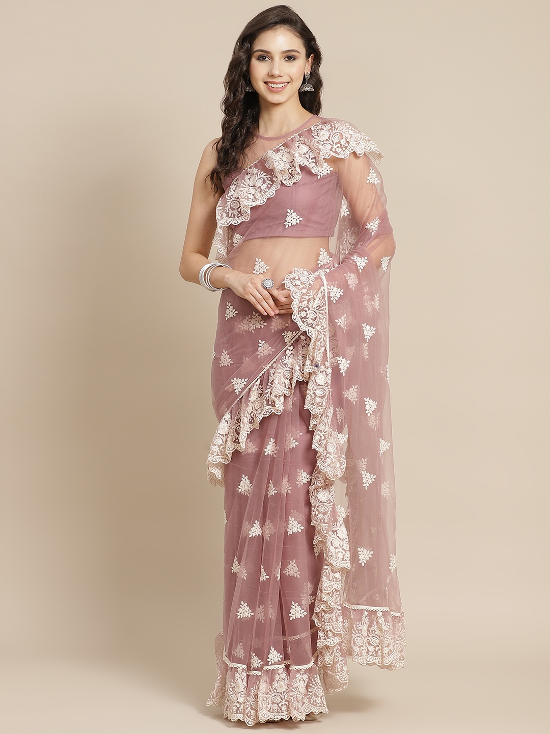 

Inddus Mauve and White Embroidered Ruffled Saree