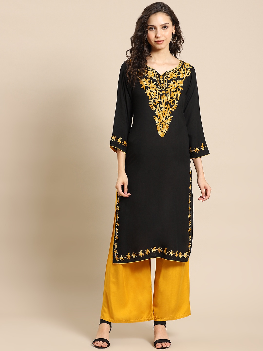 

Saadgi Women Black & Mustard Yellow Yoke Design Chikankari Kurta with Palazzos