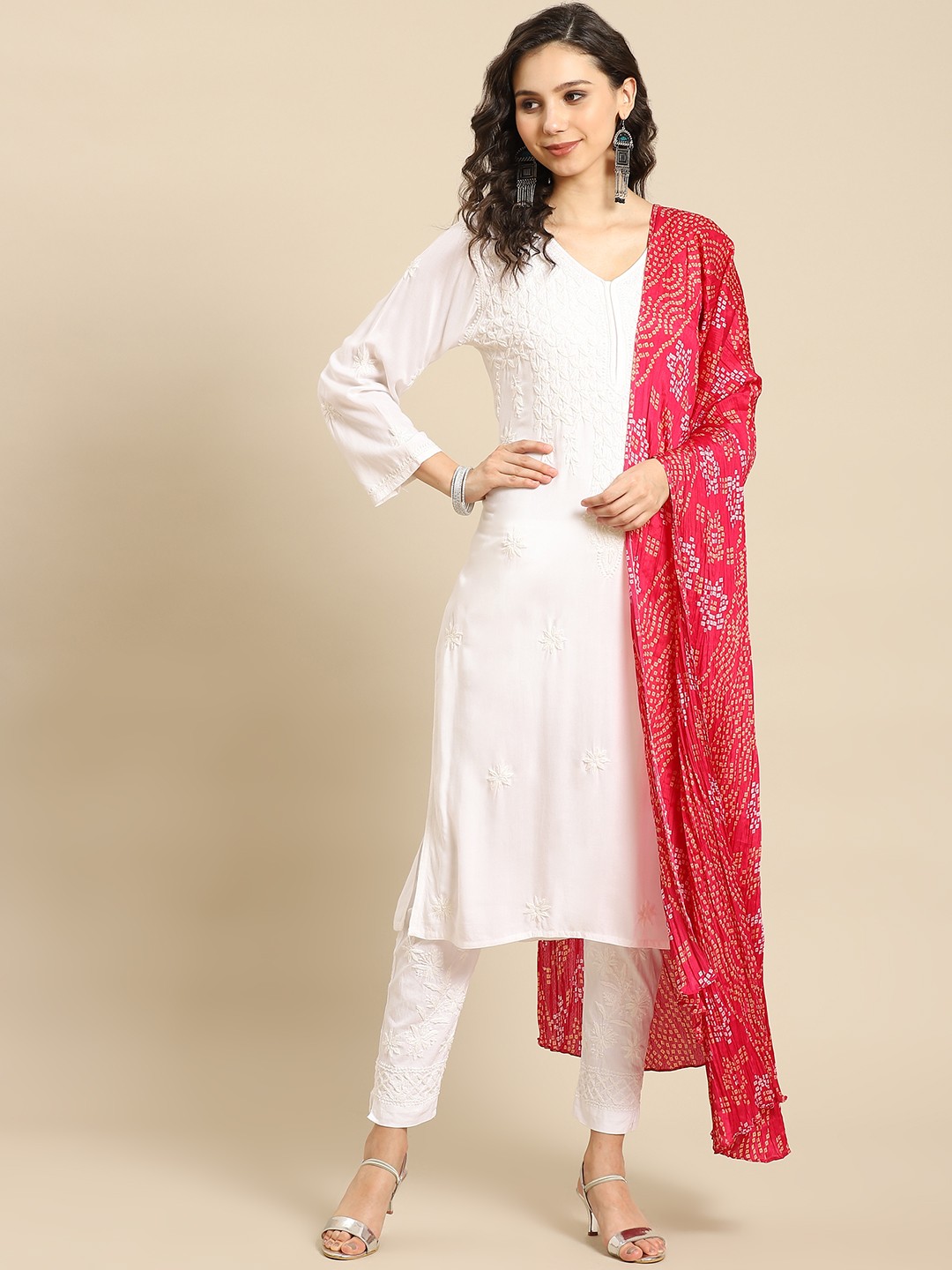 

Saadgi Women White Ethnic Motifs Embroidered Chikankari Kurta with Trousers & Dupatta