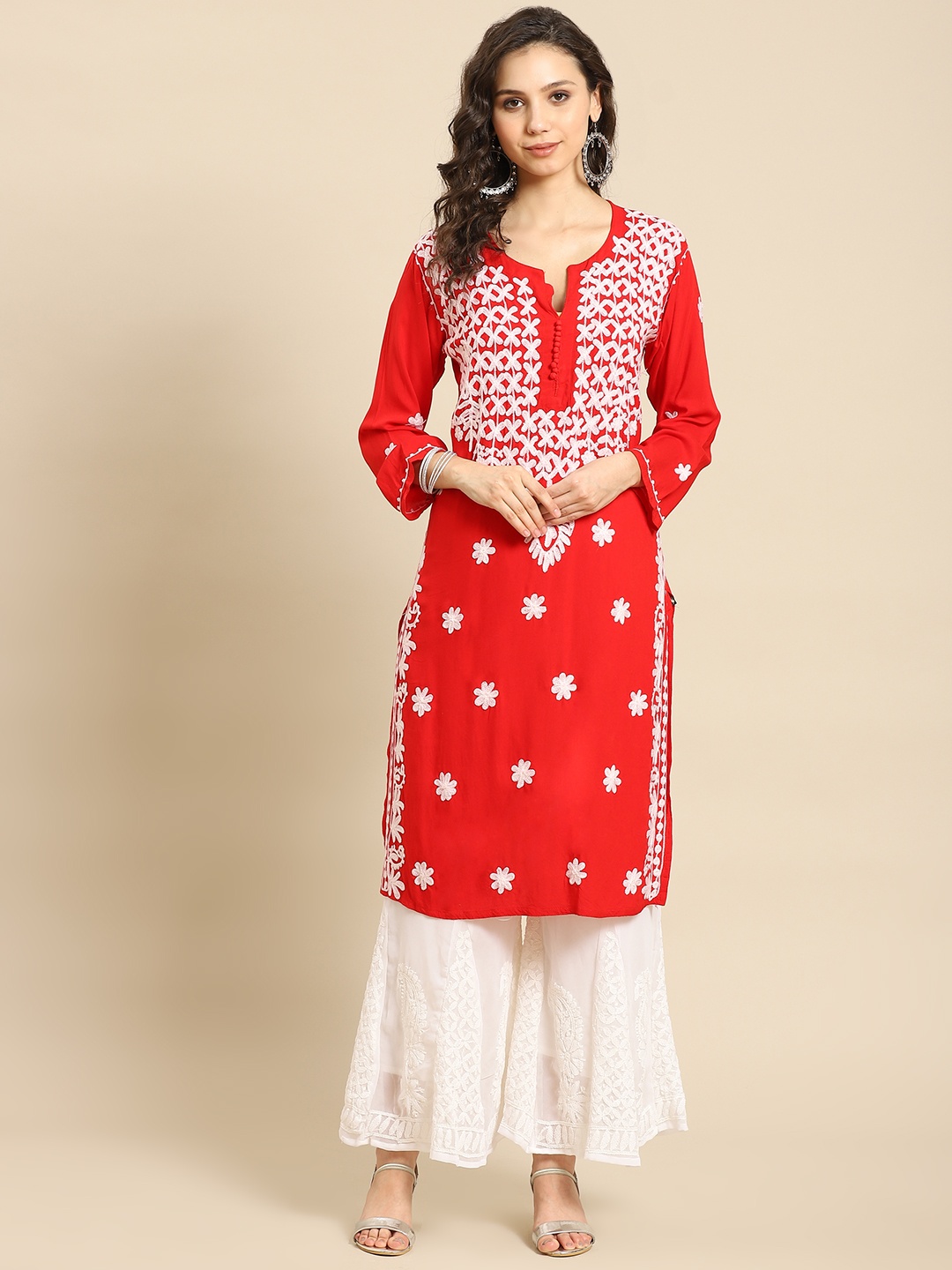 

Saadgi Women Red & White Ethnic Motifs Embroidered Chikankari Cotton Kurta with Sharara