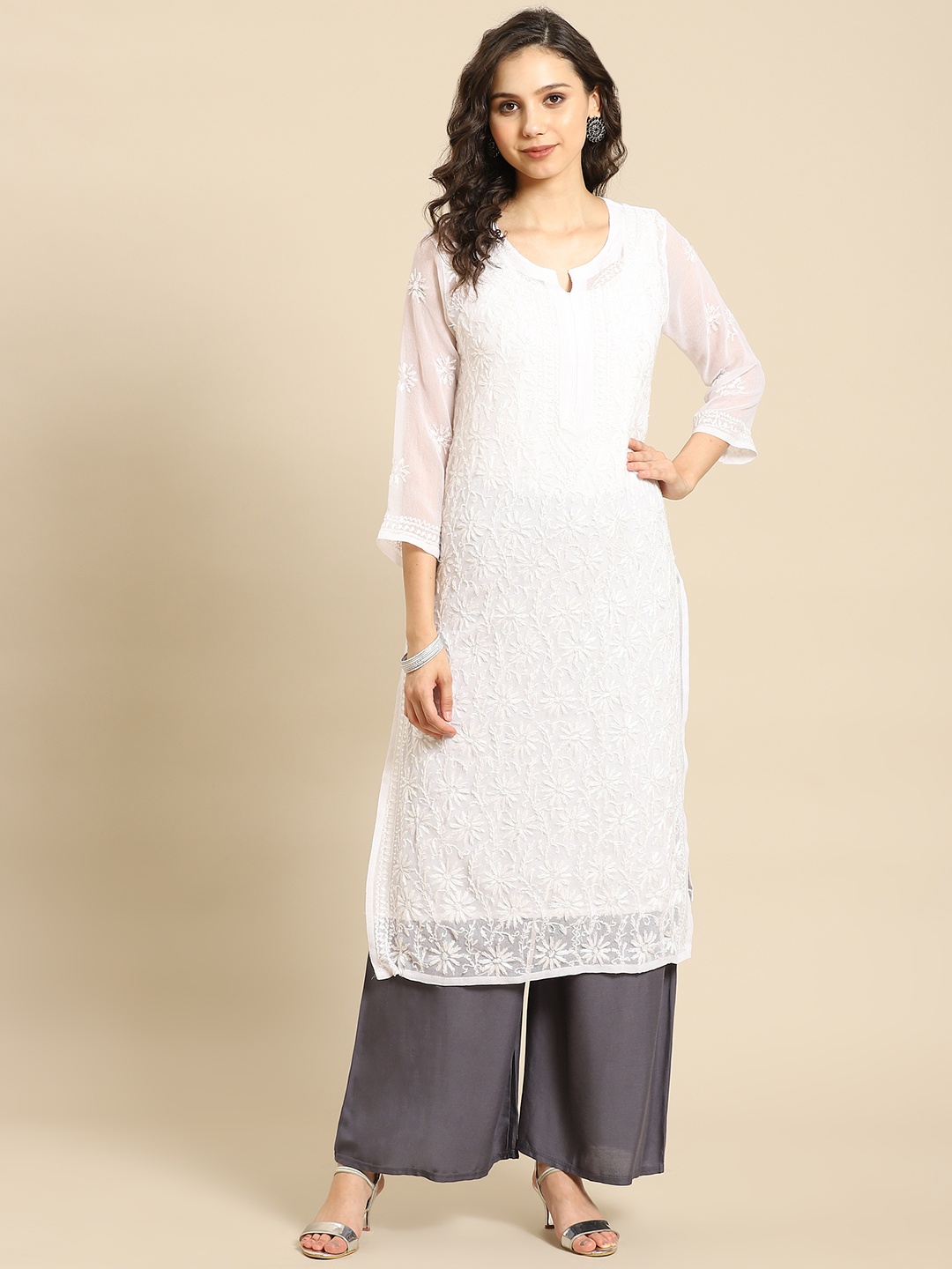 

Saadgi Women White & Grey Ethnic Motifs Embroidered Chikankari Kurta with Palazzos & Slip