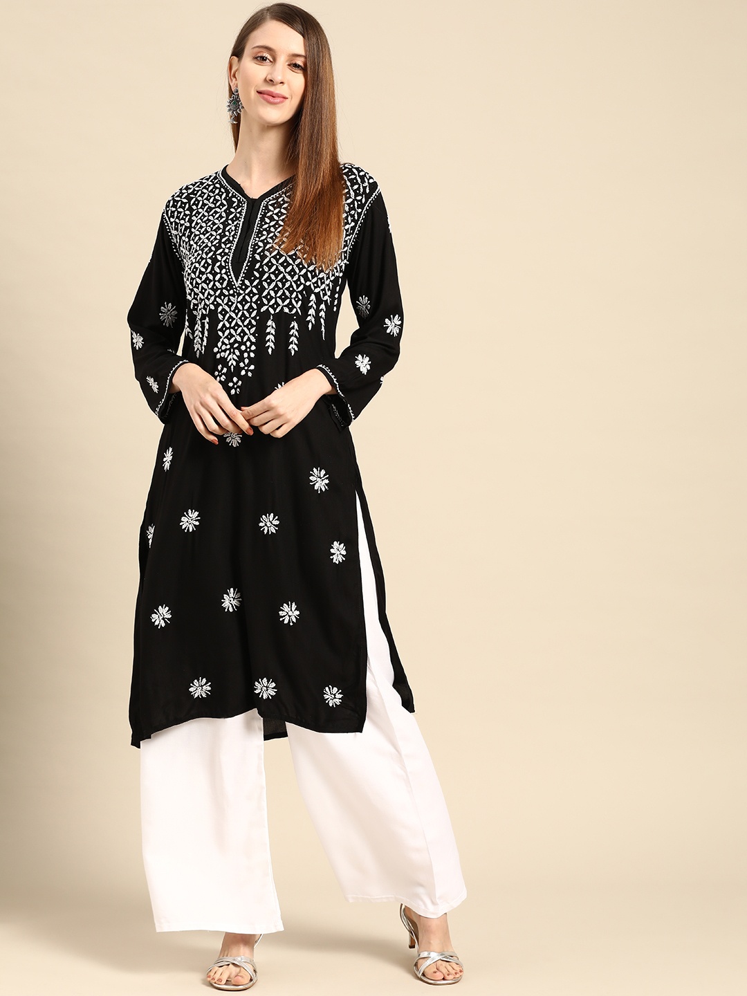 

Saadgi Women Black & White Embroidered Chikankari Kurta with Palazzos
