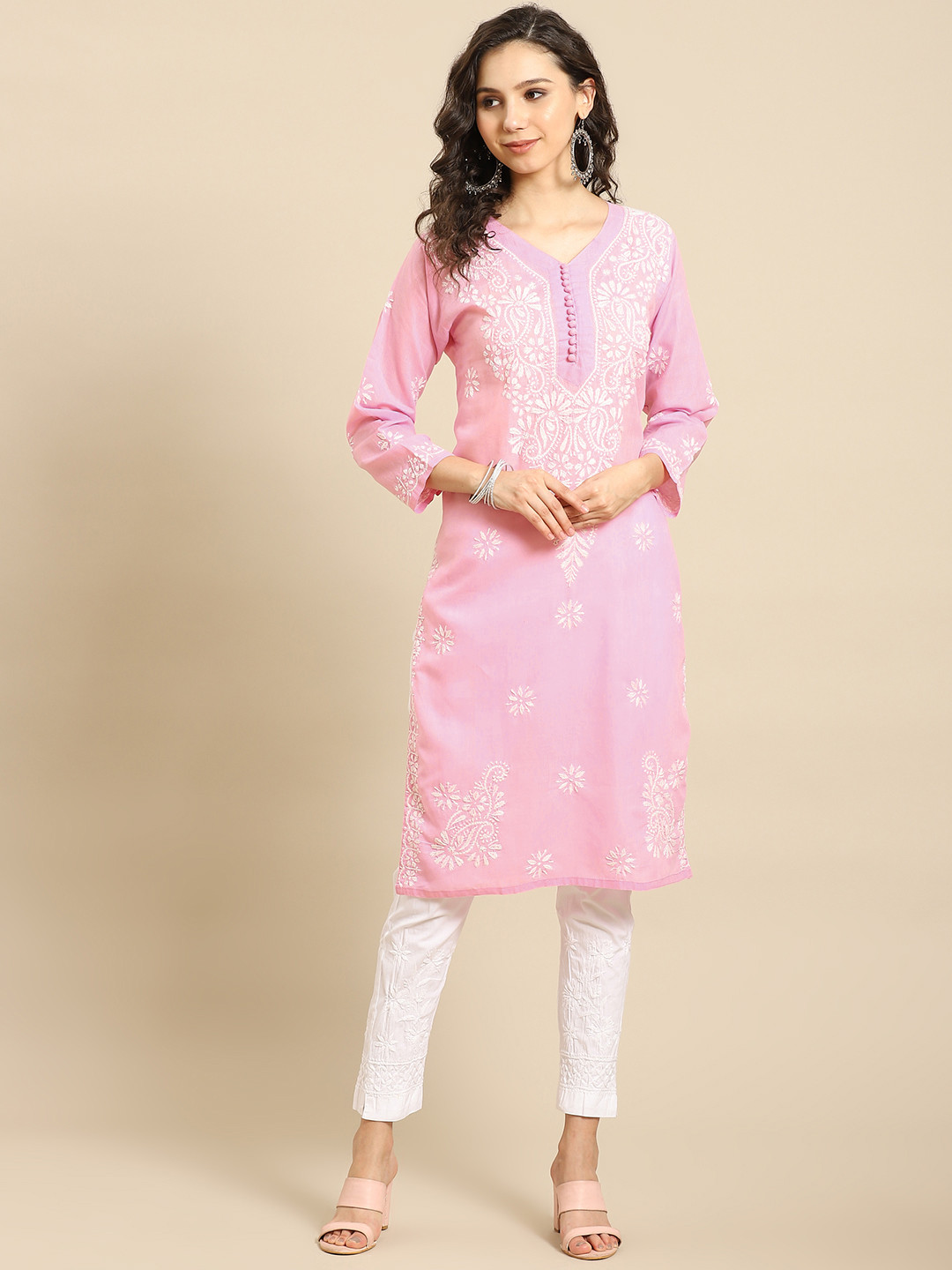 

Saadgi Women Pink & White Ethnic Motifs Chikankari Handloom Cotton Kurta with Trousers