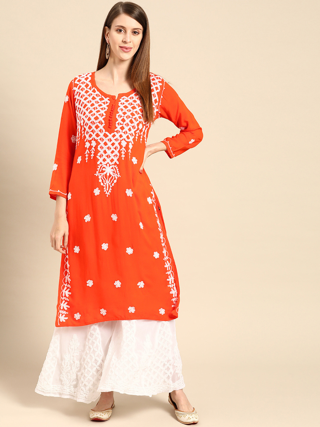 

Saadgi Women Rust Orange & White Embroidered Chikankari Pure Cotton Kurta with Sharara