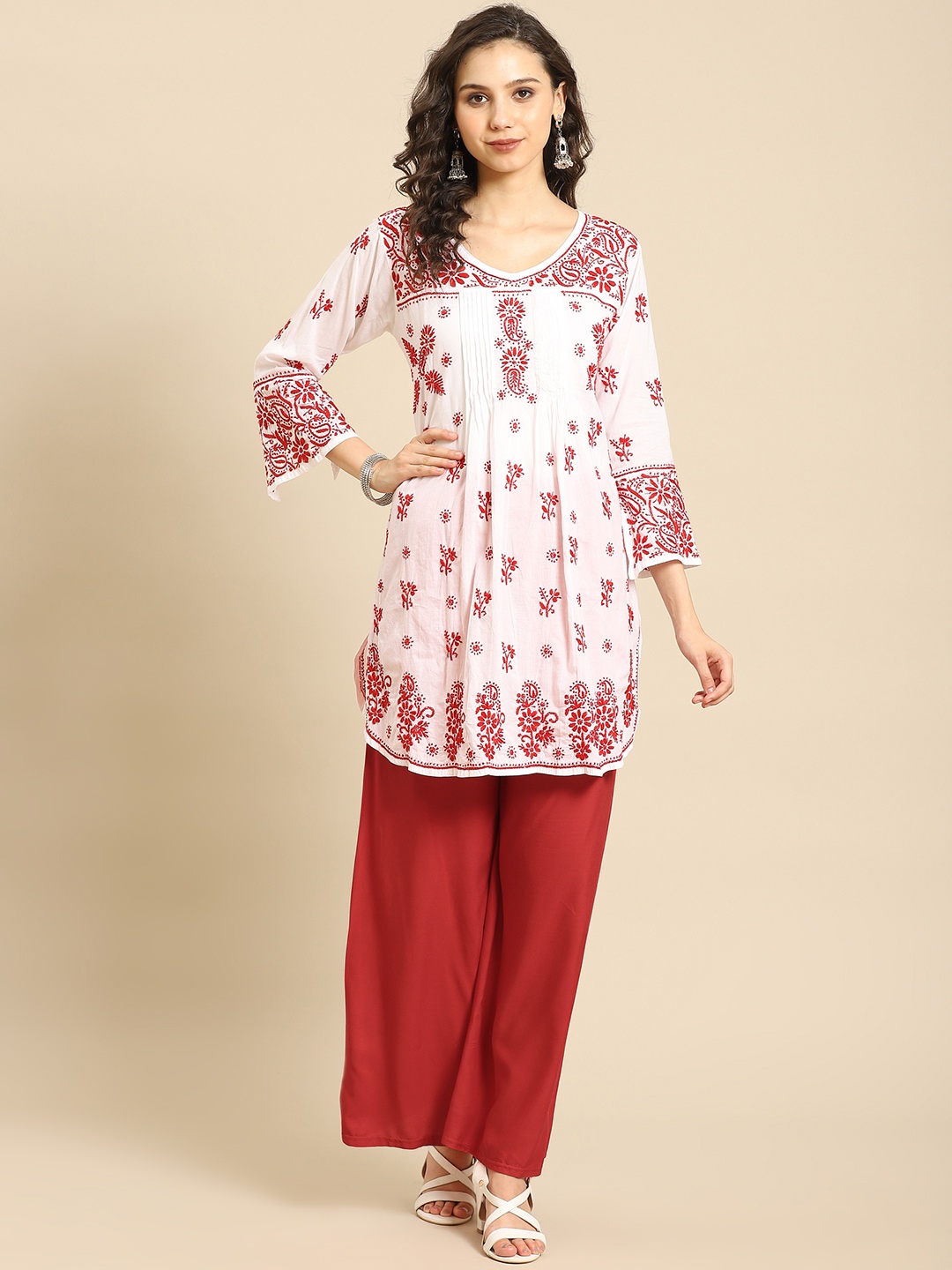 

Saadgi Women White & Red Motifs Pleated Chikankari Handloom Cotton Kurta with Palazzos