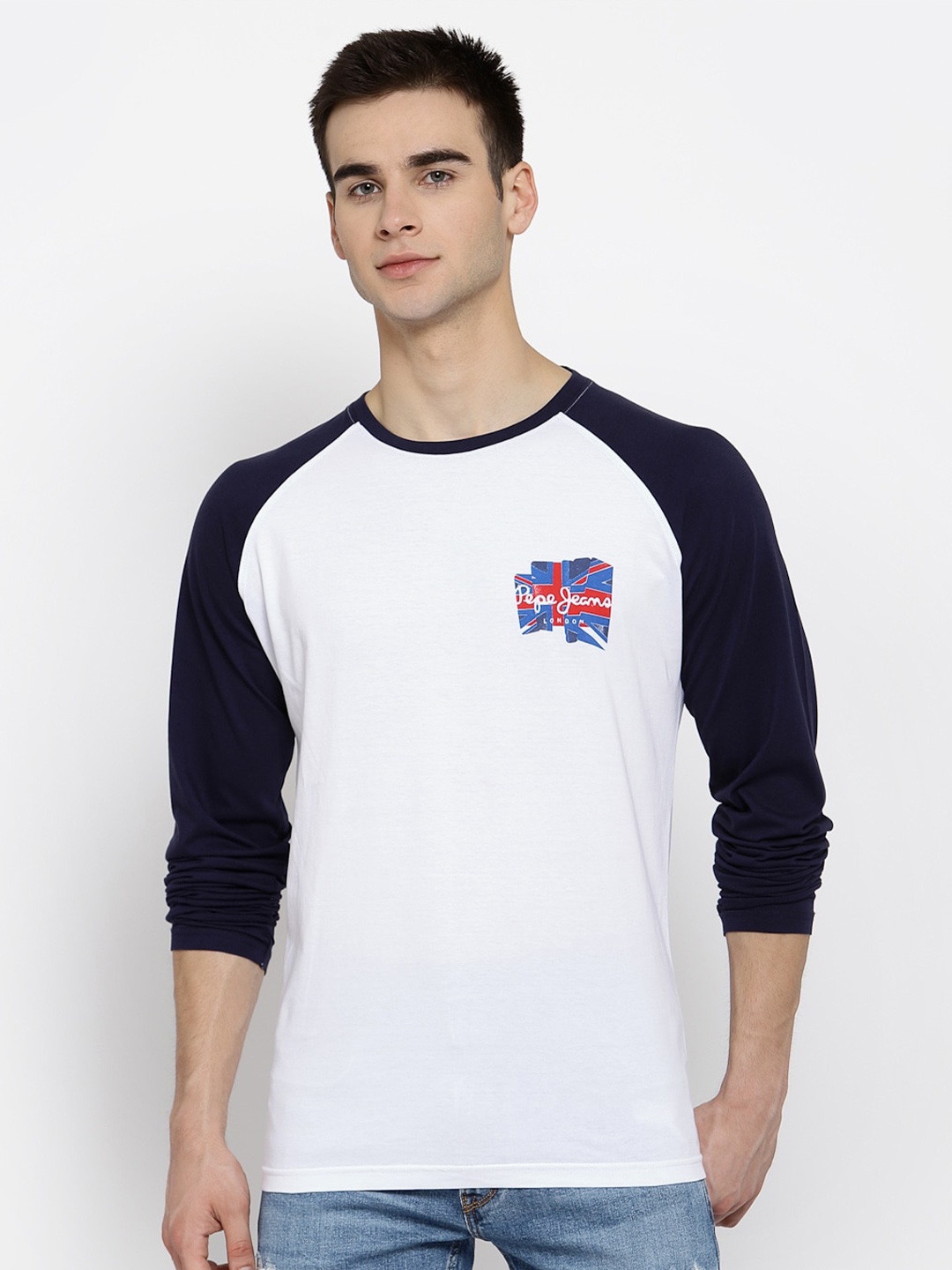 

Pepe Jeans Men White Navy Blue Printed Round Neck Pure Cotton T-shirt