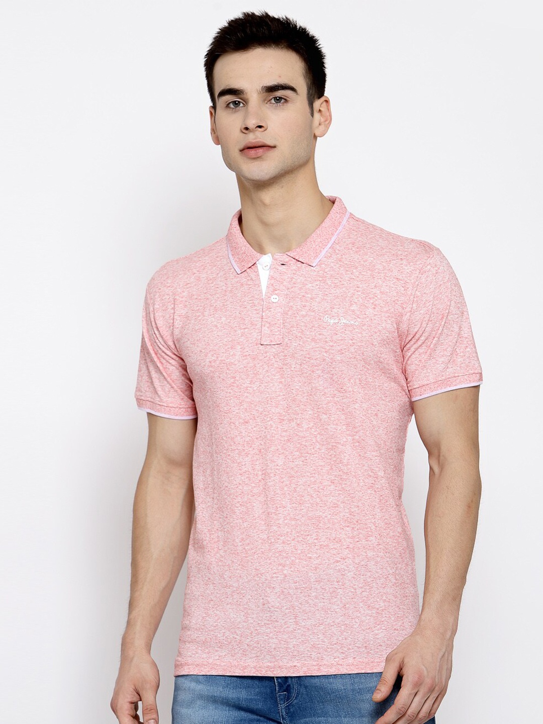 

Pepe Jeans Men Coral Pink Melange Effect Polo Collar T-shirt