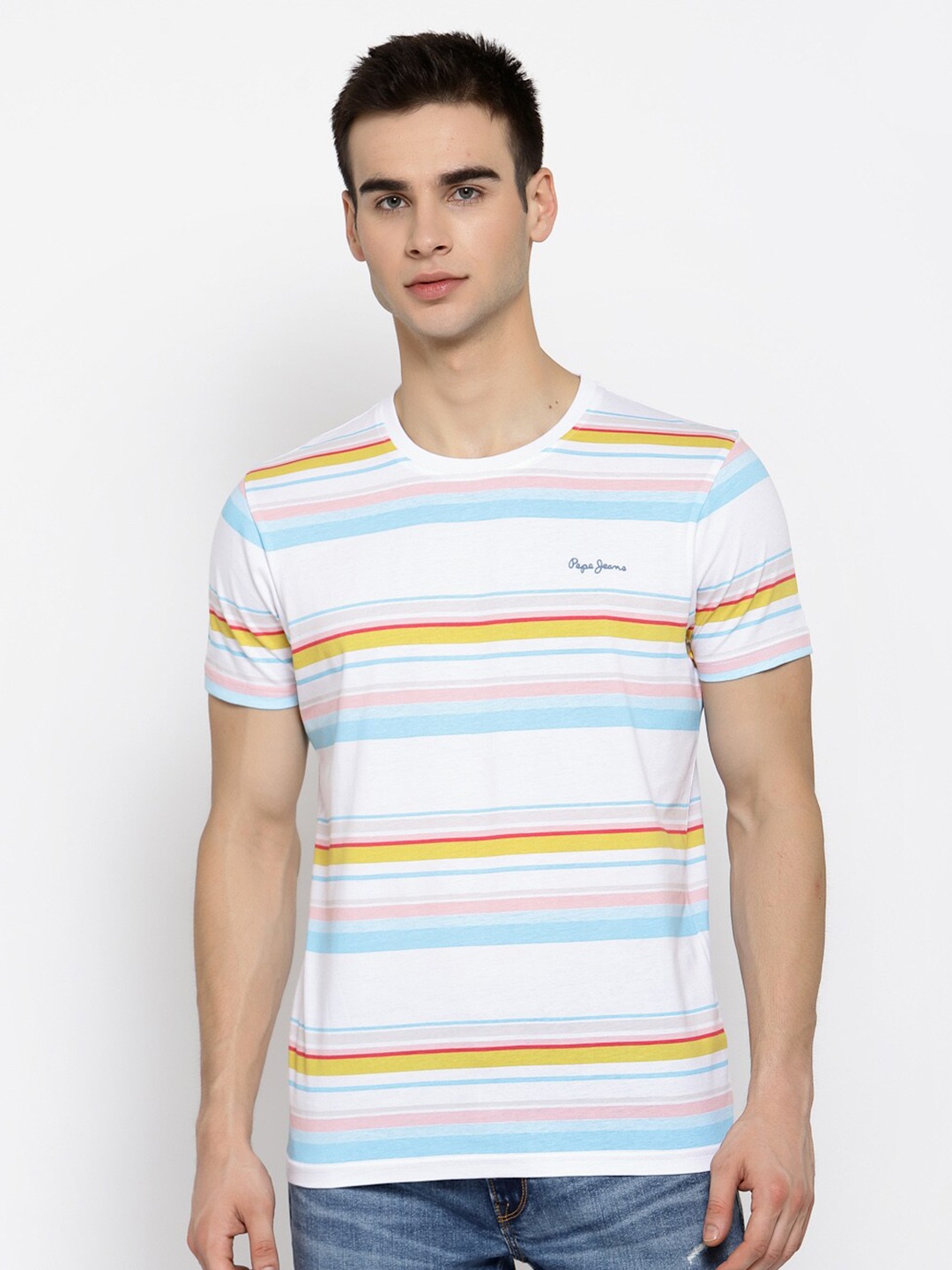 

Pepe Jeans Men Multicoloured Striped Round Neck Pure Cotton T-shirt, Multi