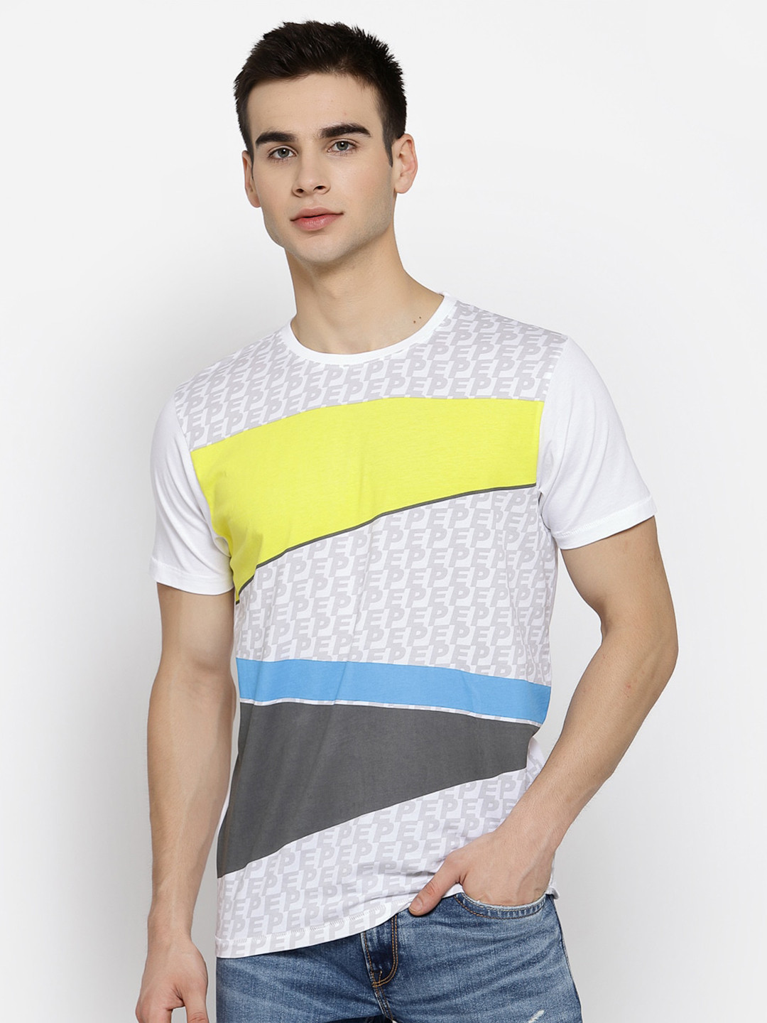 

Pepe Jeans Men White & Grey Printed Round Neck T-shirt