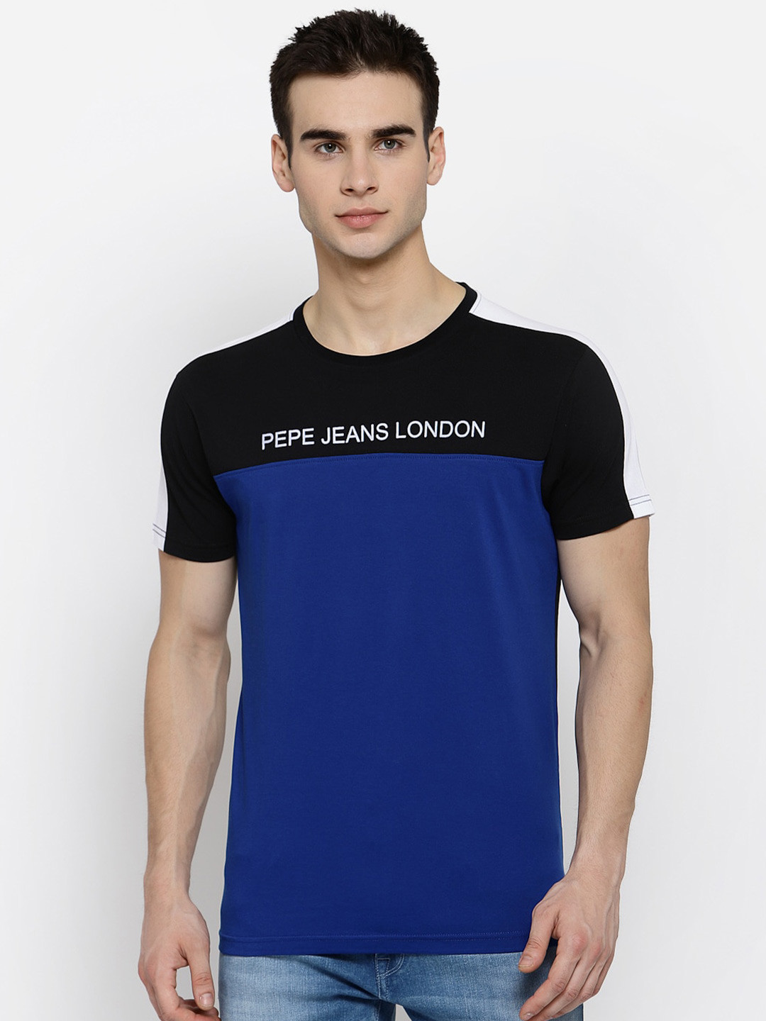 

Pepe Jeans Men Blue Black Colourblocked Round Neck Pure Cotton T-shirt