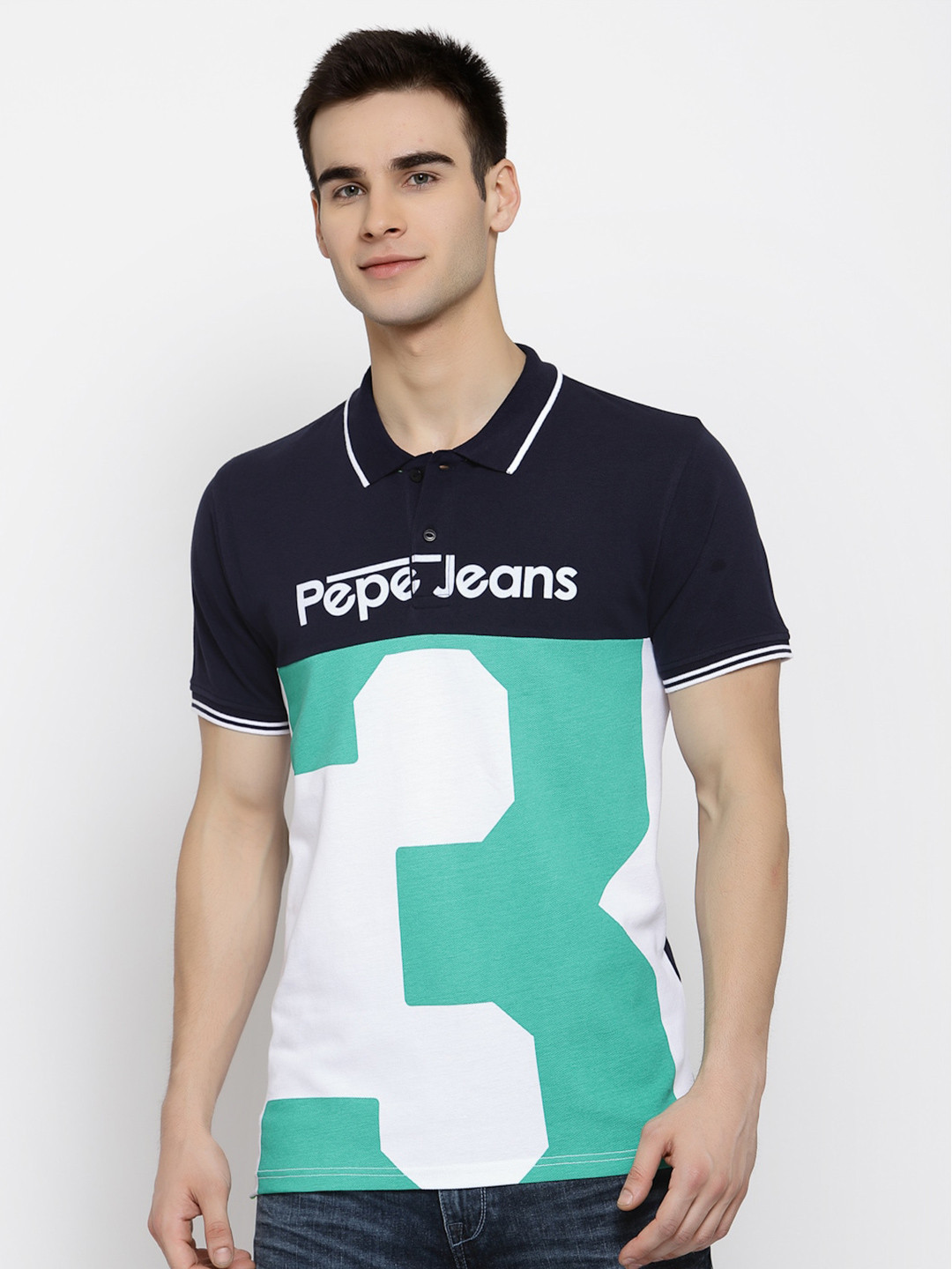 

Pepe Jeans Men Navy Blue Green Printed Polo Collar Pure Cotton T-shirt