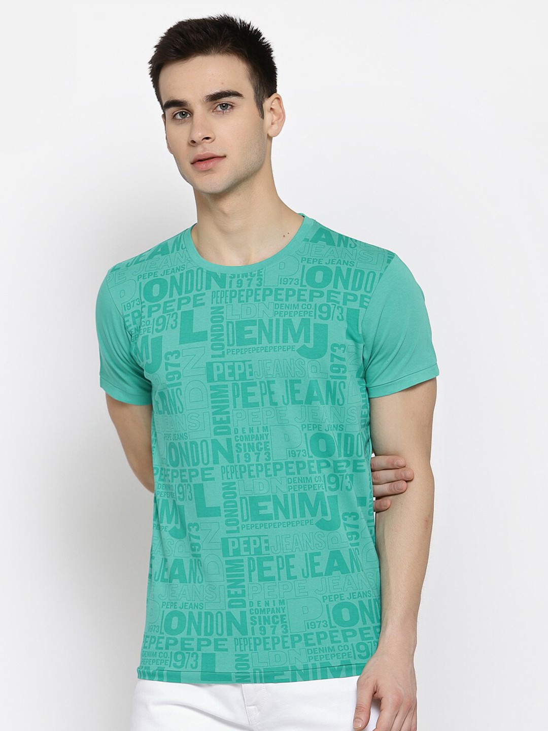 

Pepe Jeans Men Sea Green Printed Round Neck Pure Cotton T-shirt