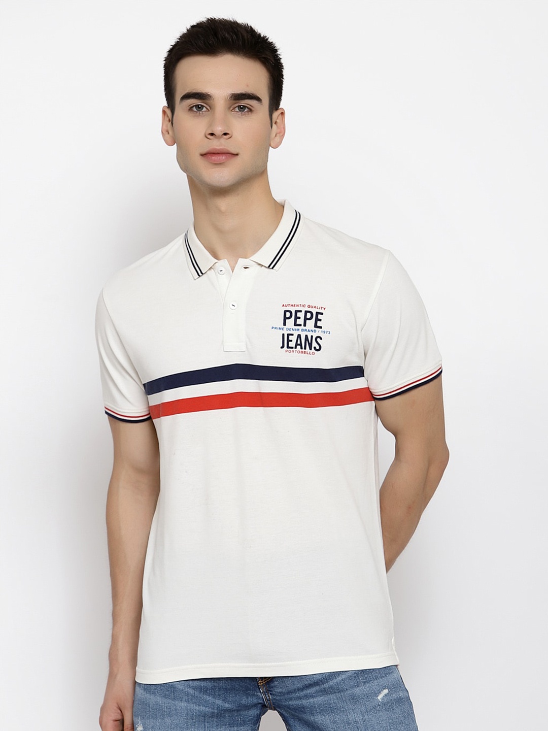 

Pepe Jeans Men Off-White Striped Pure Cotton Polo Collar Pure Cotton T-shirt