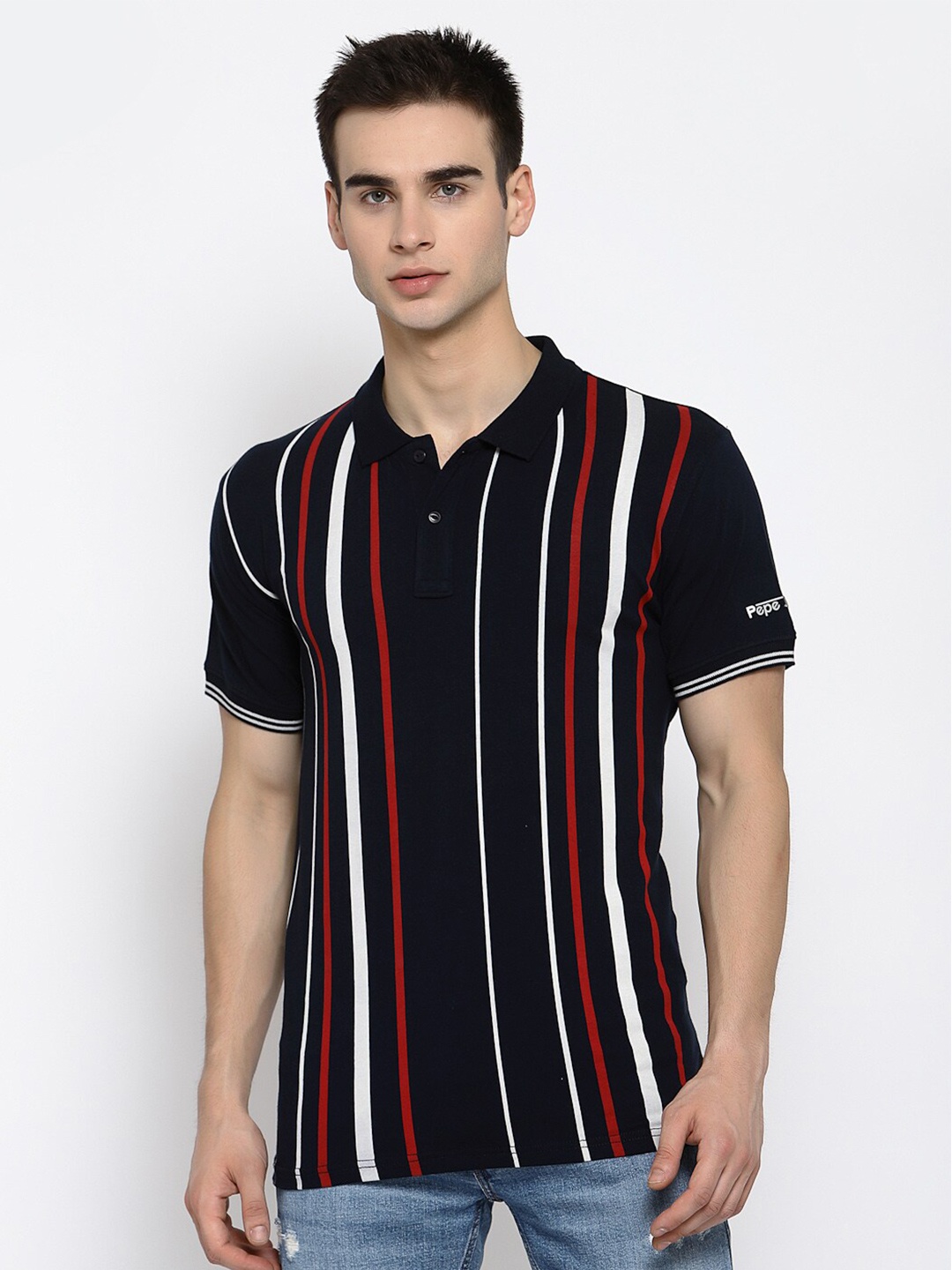 

Pepe Jeans Men Navy Blue Striped Round Neck T-shirt