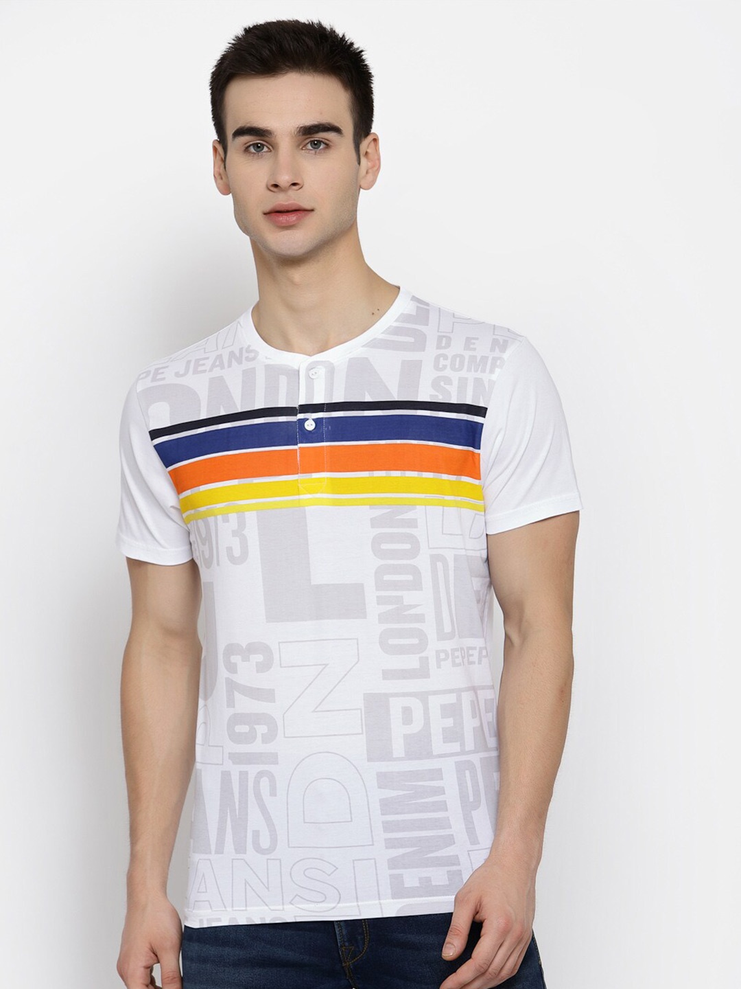 

Pepe Jeans Men White Printed Pure Cotton Henley Neck Pure Cotton T-shirt
